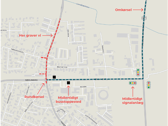 Kort der viser hvor der graves samt hvor det midlertidige lyssignal og busstoppested placeres. Busstoppested er placeret på Nøvlingvej tæt på rundkørsel